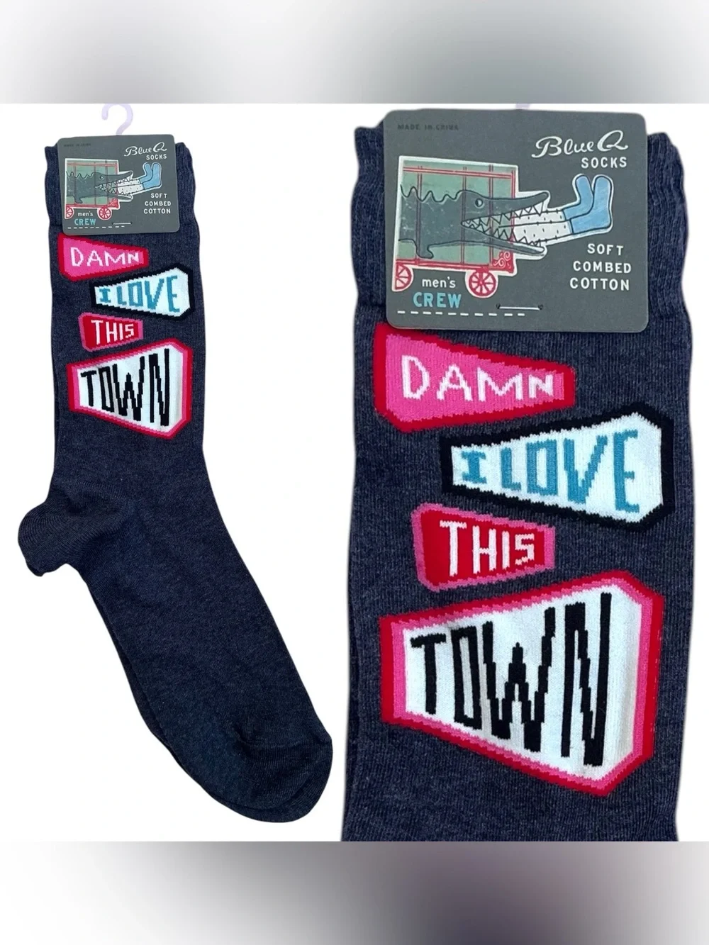 NEW NWT “DAMN I LOVE THIS TOWN” 2022 Blue Q Men’s Black Crew Socks 7-12 Cotton